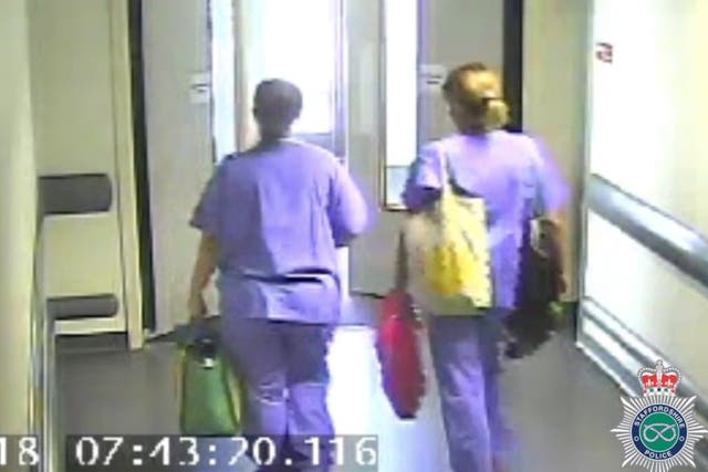 CCTV footage of Samantha Eastwood (left) leaving the Royal Stoke University Hospital at 7.43am on 27 July