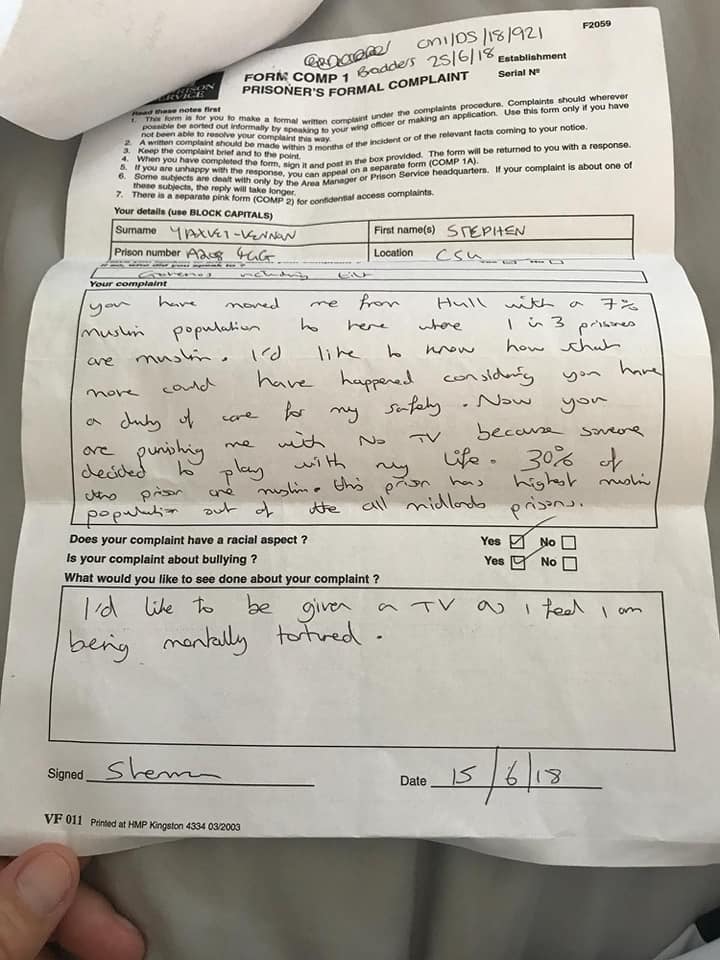 The complaint form published by Tommy Robinson on his Facebook page