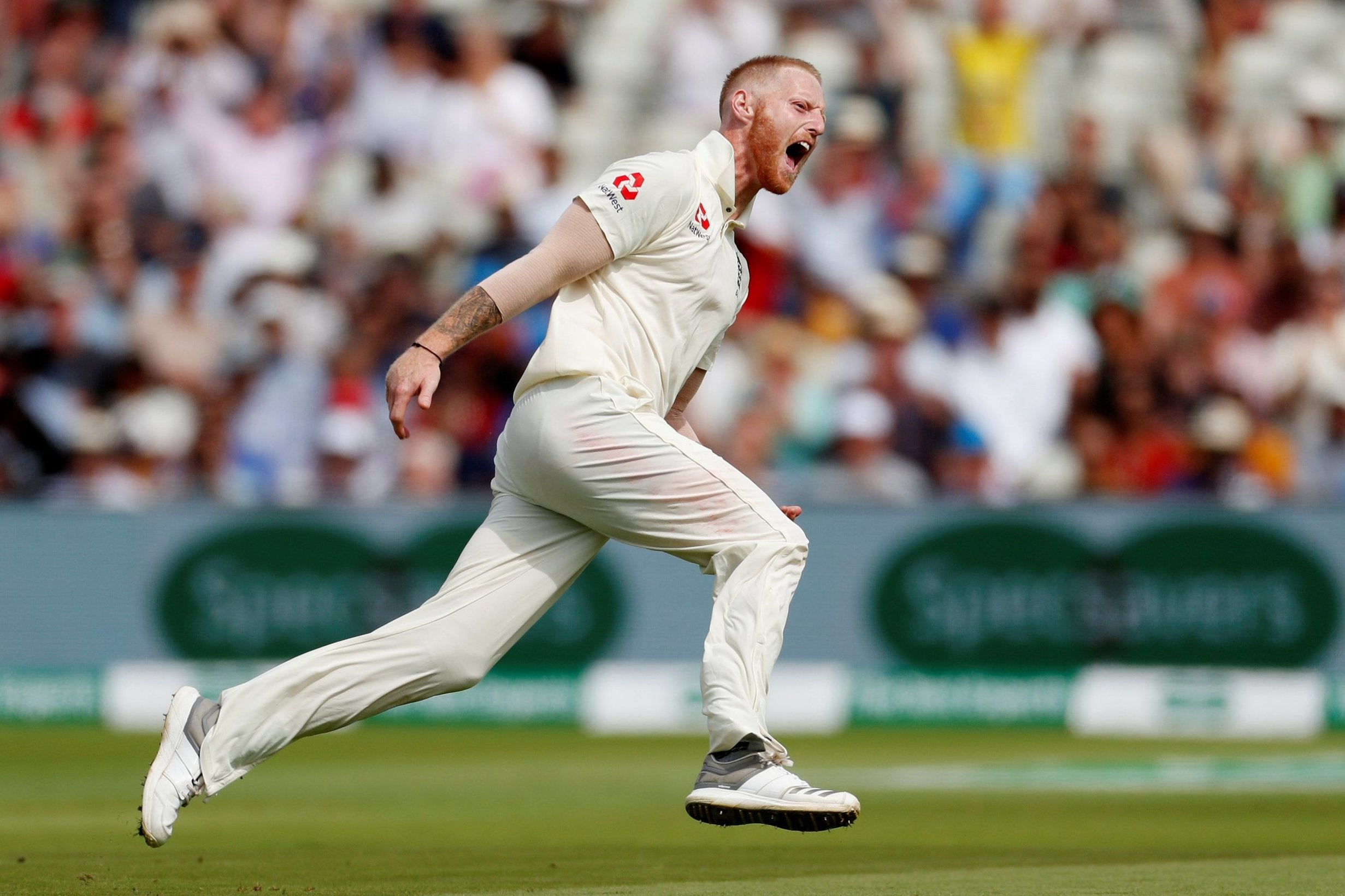 Ben Stokes celebrates taking a wicket on the final day of the first Test