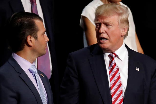 Donald Trump Jr talks with his father, Donald Trump during the 2016 Republican National Convention in Cleveland.