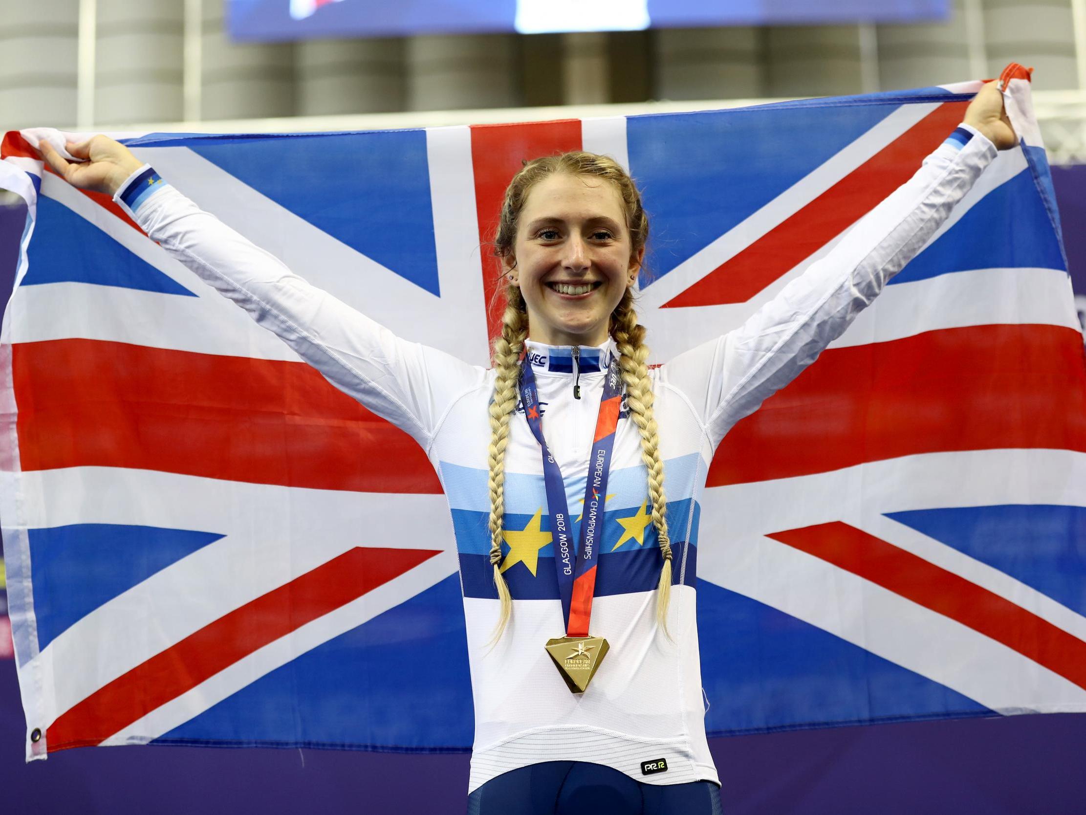 Laura Kenny celebrates after her victory in Glasgow