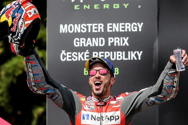 Andrea Dovizioso celebrates winning the Czech Grand Prix at Brno