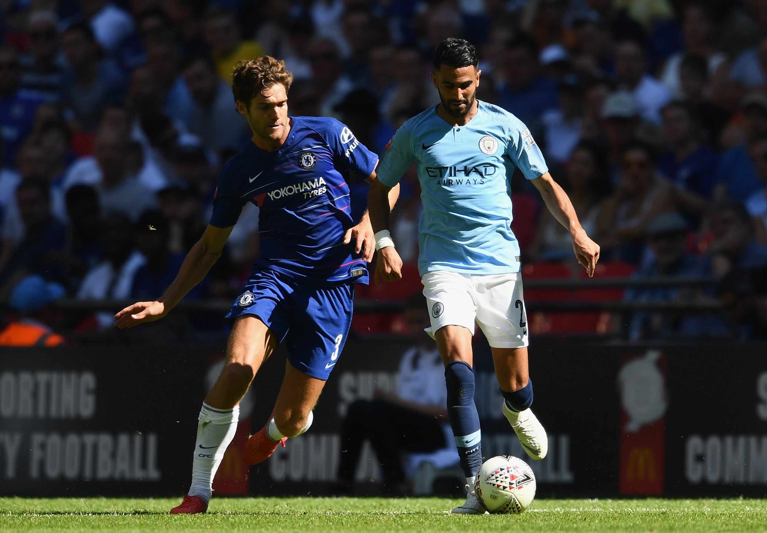 Riyad Mahrez in action against Chelsea during the Community Shield