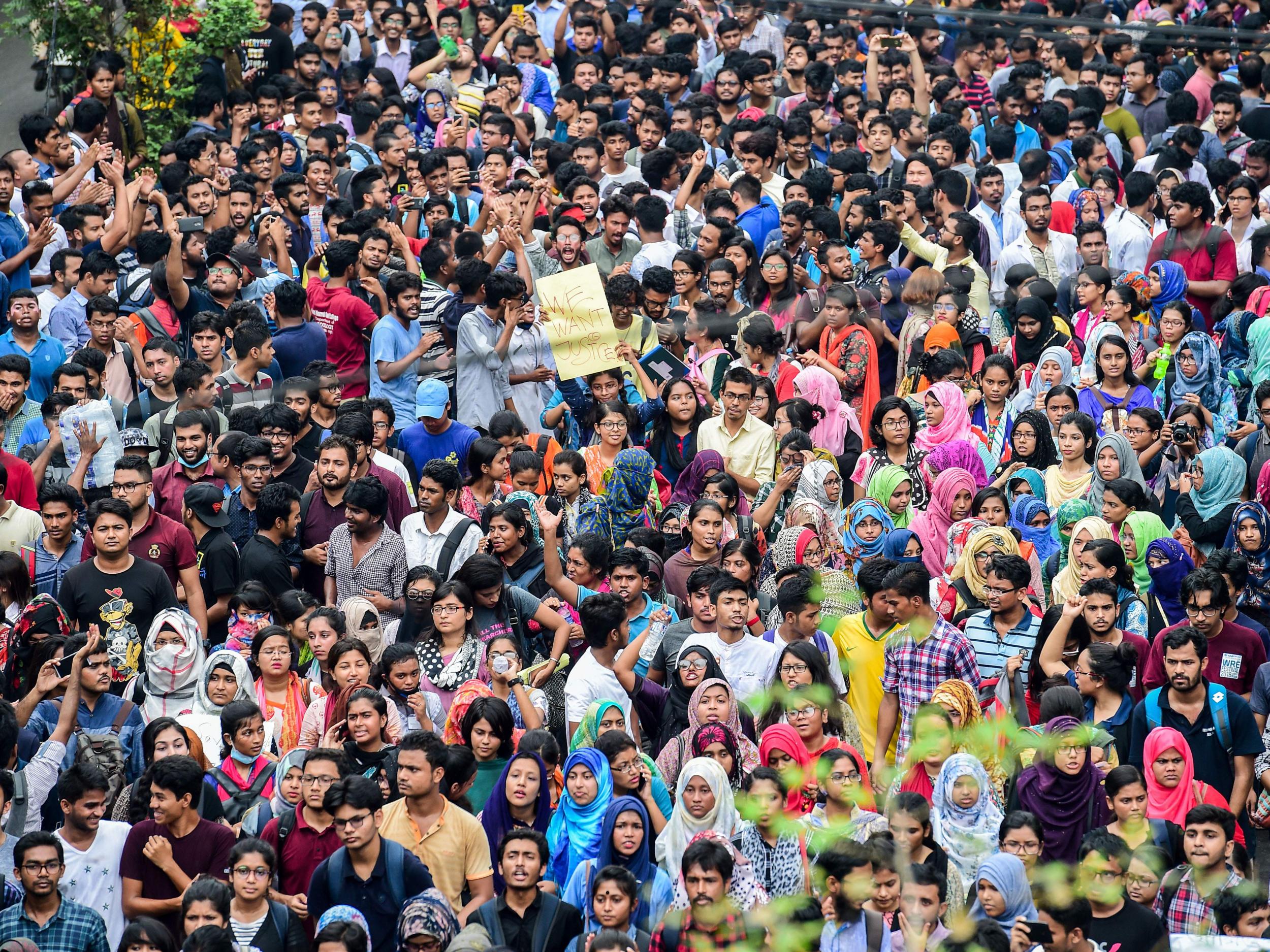 Bangladeshi students march during a student protest in Dhaka