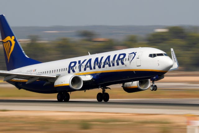 A Ryanair airplane takes off from the airport in Palma de Mallorca, Spain