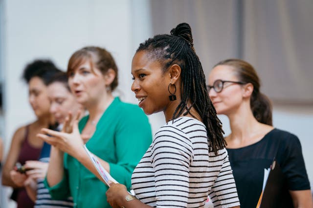 Director Nicole Charles in rehearsal for Morgan Lloyd Malcolm's new play Emilia, at Shakespeare's Globe