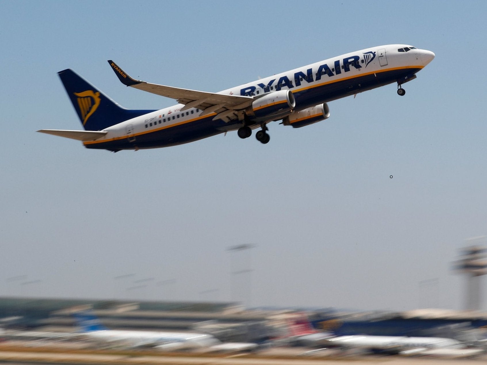 A Ryanair plane takes off from the airport in Palma de Mallorca