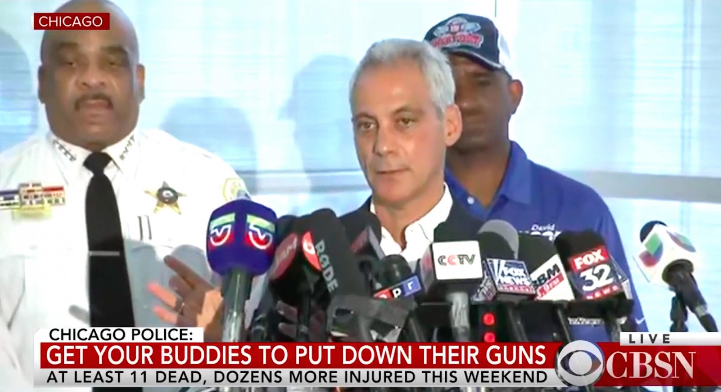 Chicago Mayor Rahm Emanuel blamed criminals and gangs for the spike in gun violence across the city over the weekend.