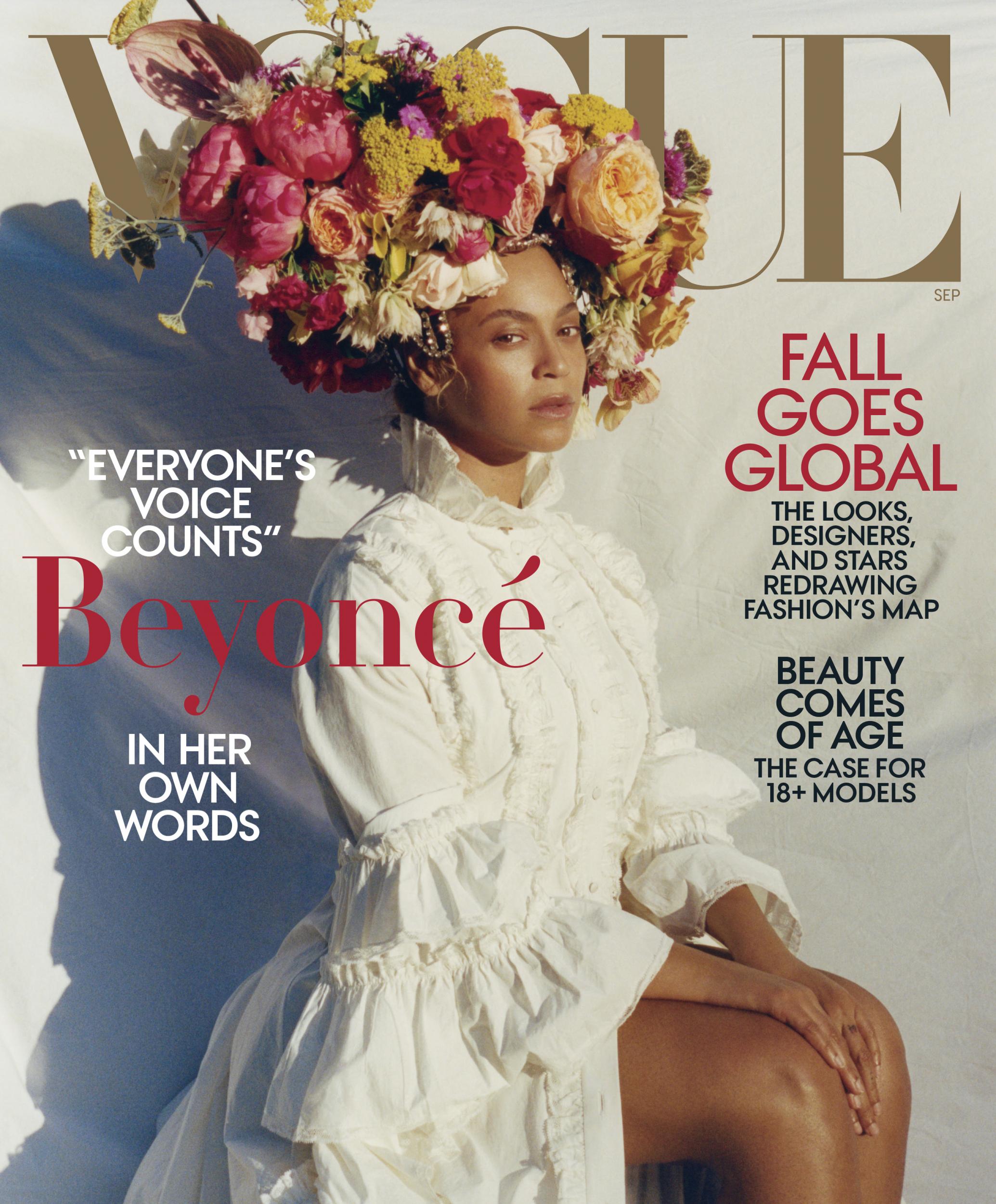 The singer wears a Gucci dress, Lynn Ban headpiece and Rebel Rebel floral headdress on the cover