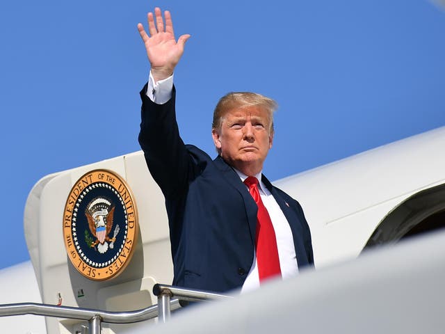 US president Donald Trump boards Air Force One at  Morristown Municipal Airport in New Jersey on 4 August 2018