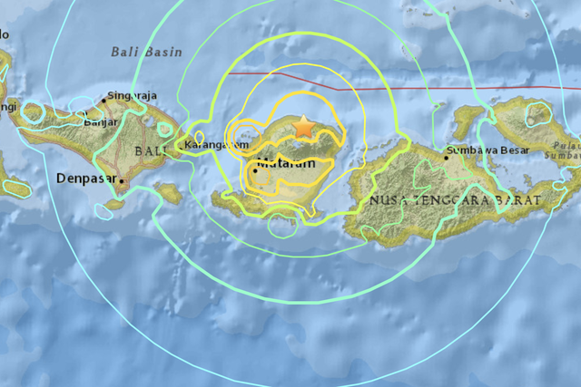 Danger zone? The US Geological Survey map of the ripples from the most recent earthquake on Lombok