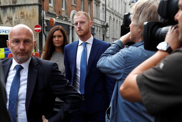 England cricket player Ben Stokes and his wife Clare Ratcliffe arrive at Bristol Crown Court with his legal team, in Bristol, Britain, August 9, 2018