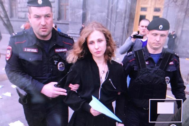 Maria Alyokhina arrested in April outside of Russian security service HQ for protesting against ban on the Telegram encrypted messenger. (twitter/@pussyrrriot)