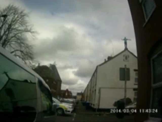 Footage from Staffordshire Police of a person believed to have taken monkey dust shortly before they fell off the roof onto a car and began fighting police