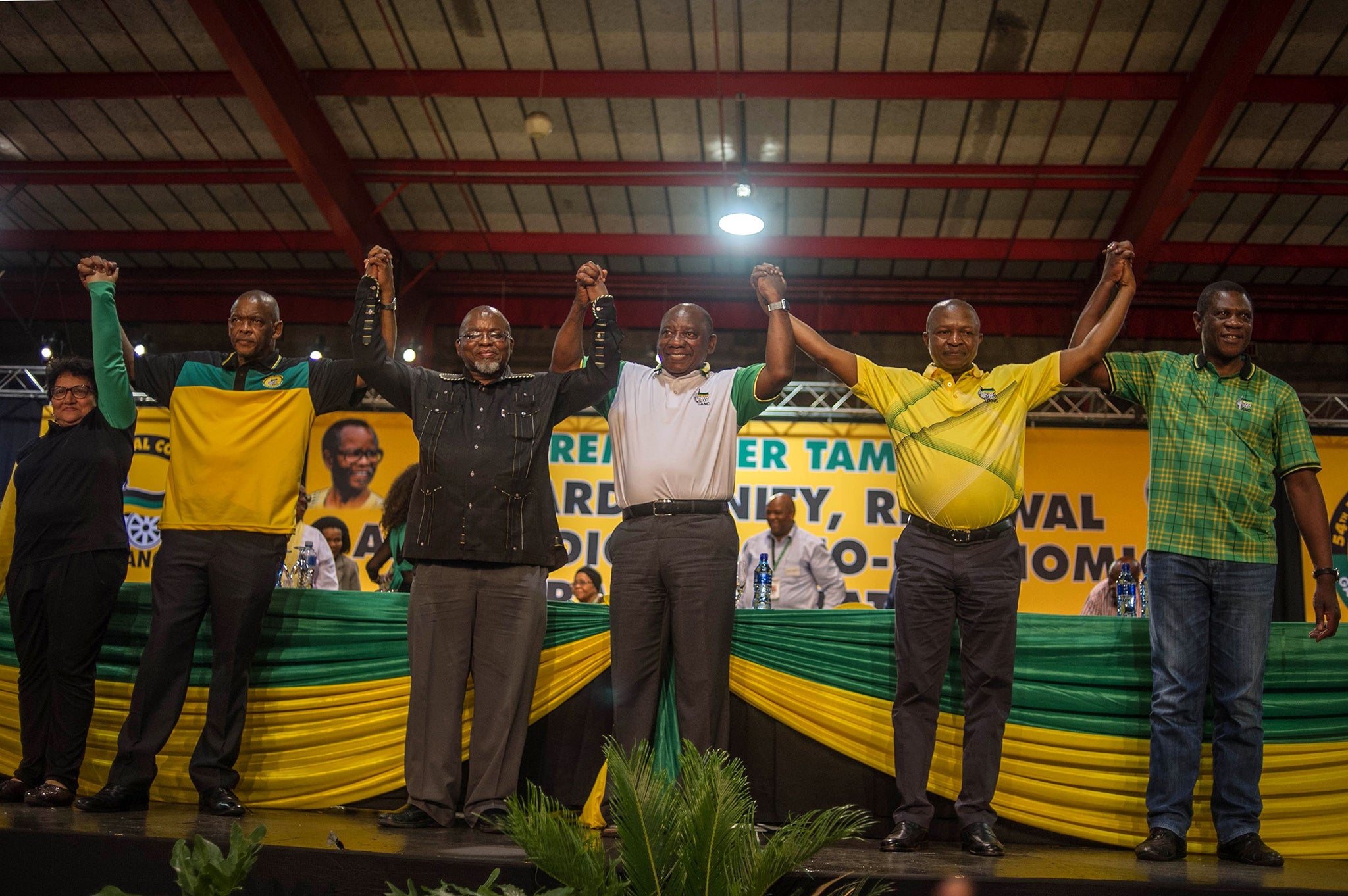 President Cyril Ramaphosa (centre) came to power with the backing of the allegedly corrupt David Mabuza (second right)