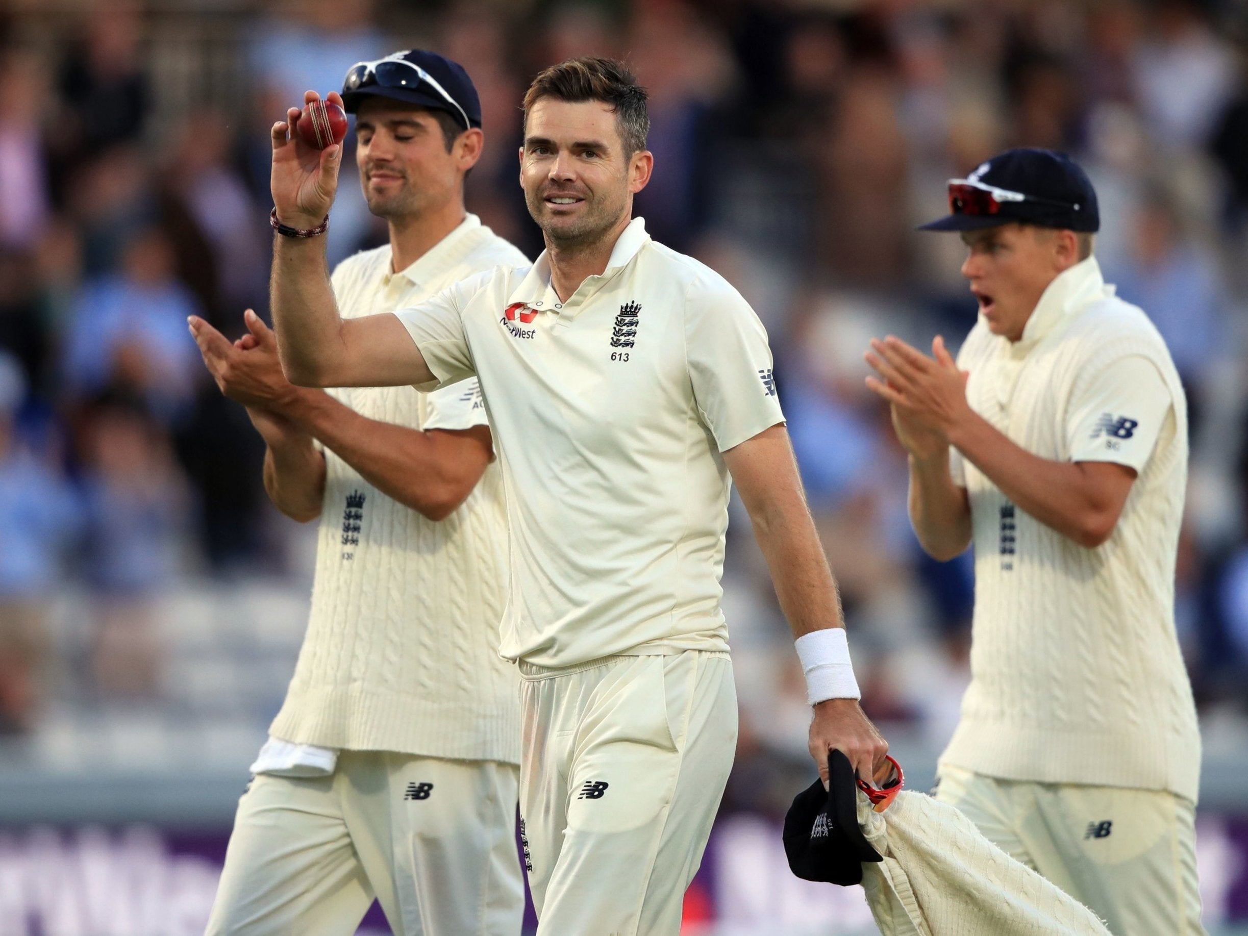 James Anderson salutes the crowd after his five-wicket haul