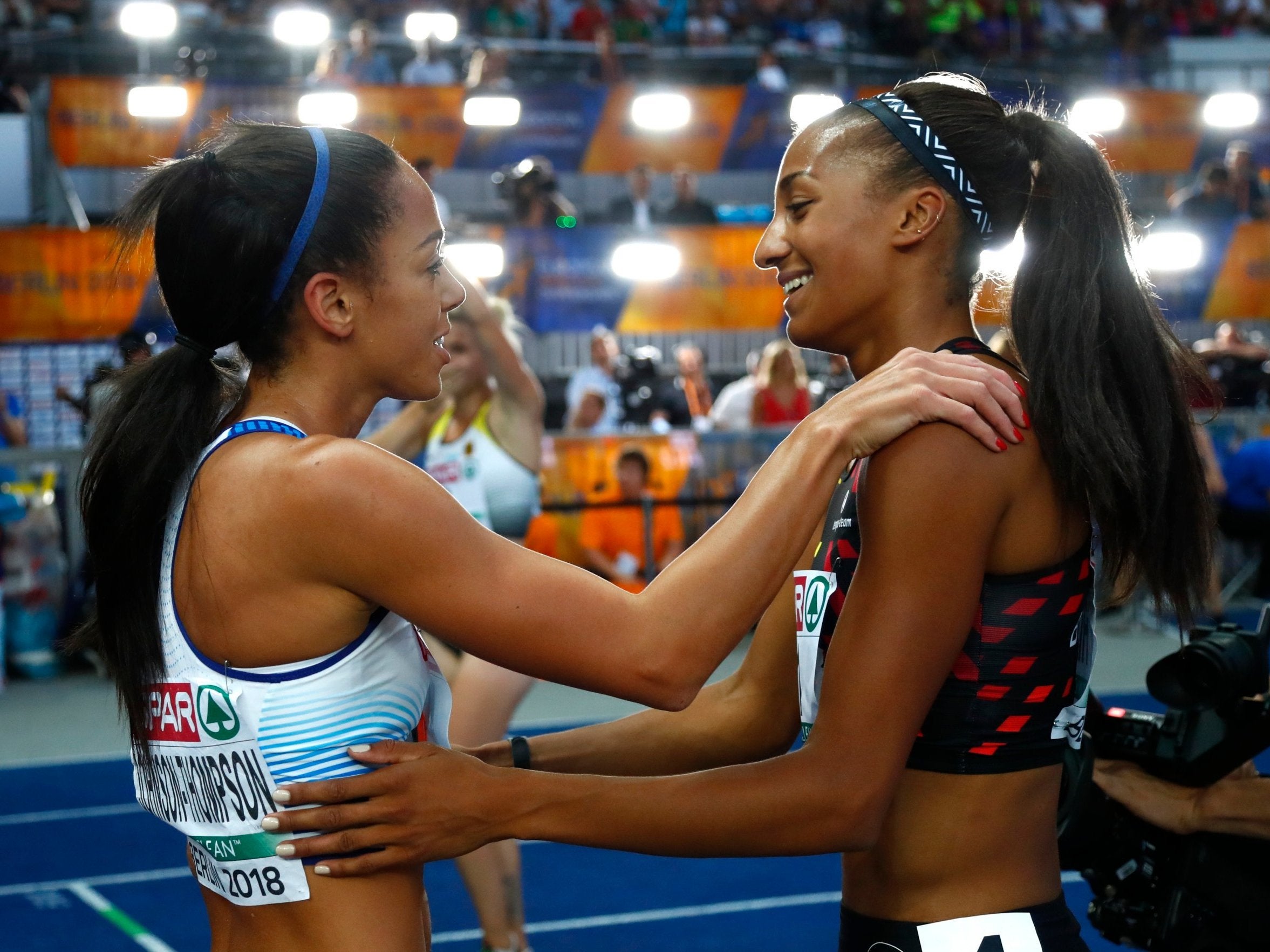 Katarina Johnson-Thompson congratulates gold medallist Nafi Thiam