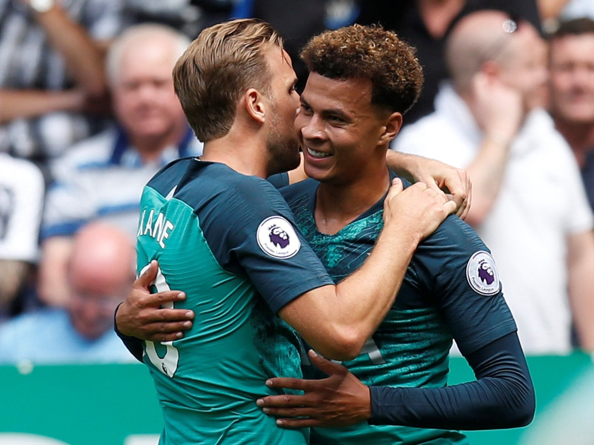 Dele Alli celebrates after heading Spurs into the lead against Newcastle