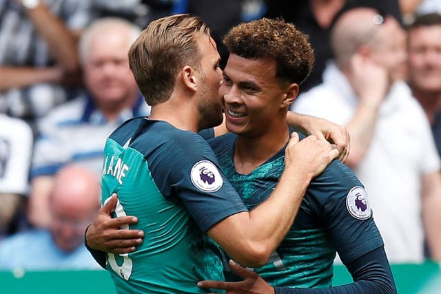 Dele Alli celebrates after heading Spurs into the lead against Newcastle