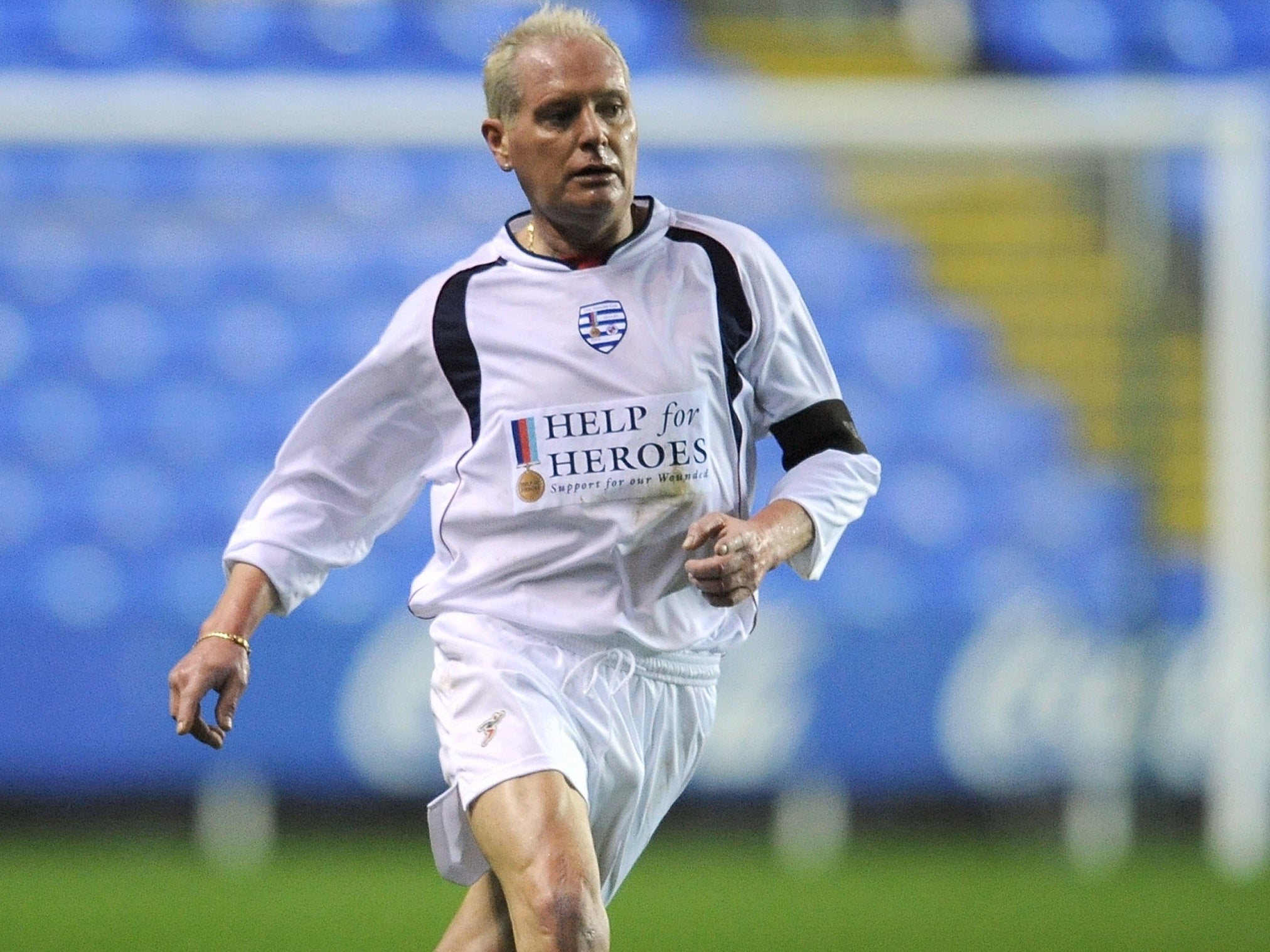 Paul Gascoigne in action during the Help for Heroes Cup match between England and Rest of the World at Madejski Stadium on November 12, 2009, in Reading, England.