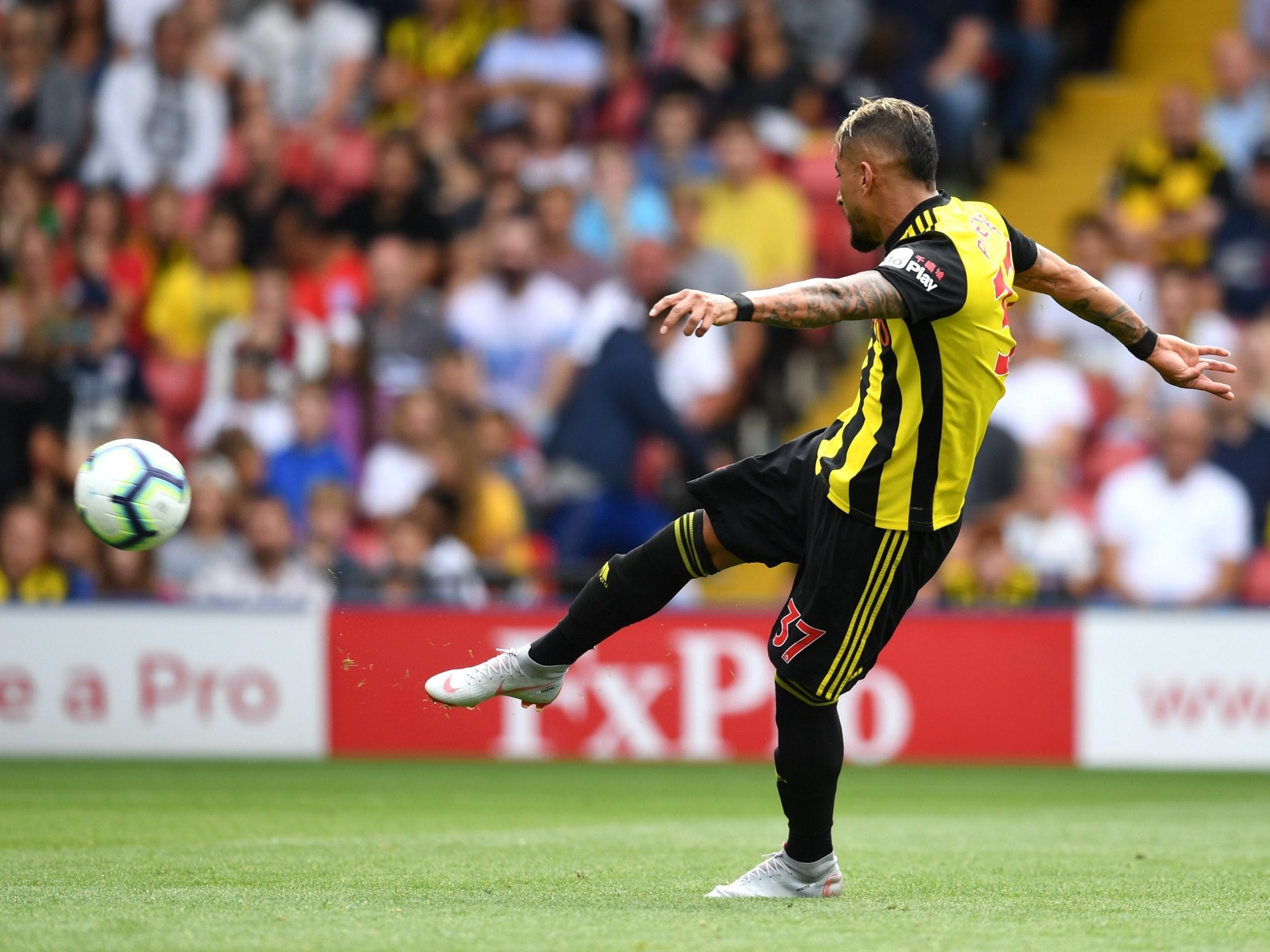 Roberto Pereyra unleashes a shot to give Watford the lead