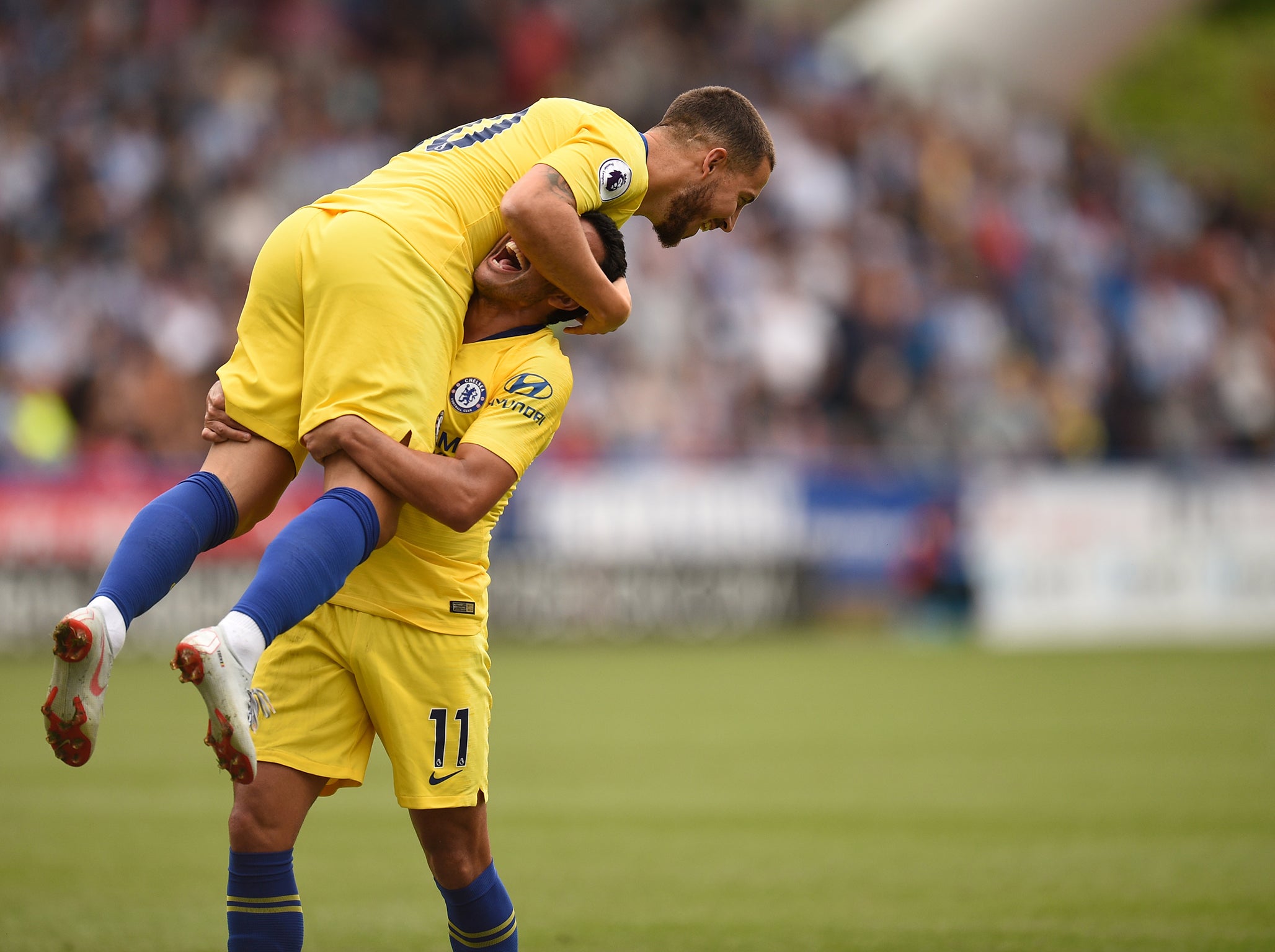 Eden Hazard congratulates third goalscorer Pedro