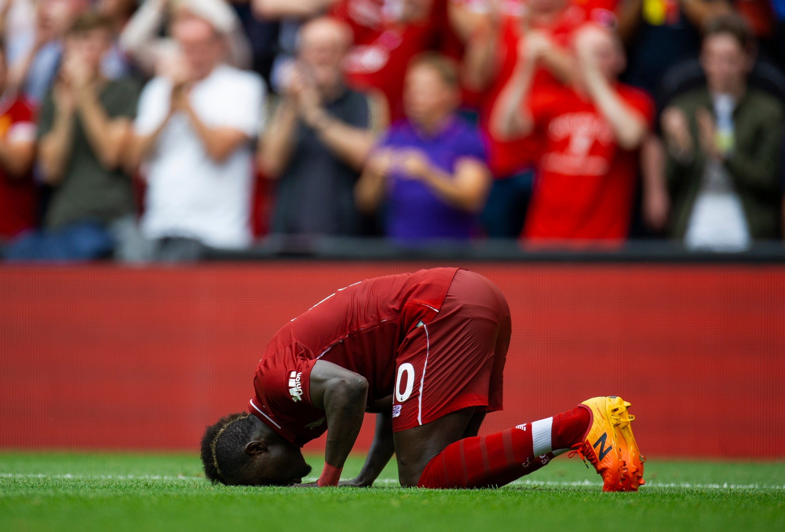 Sadio Mane celebrates his first goal for Liverpool