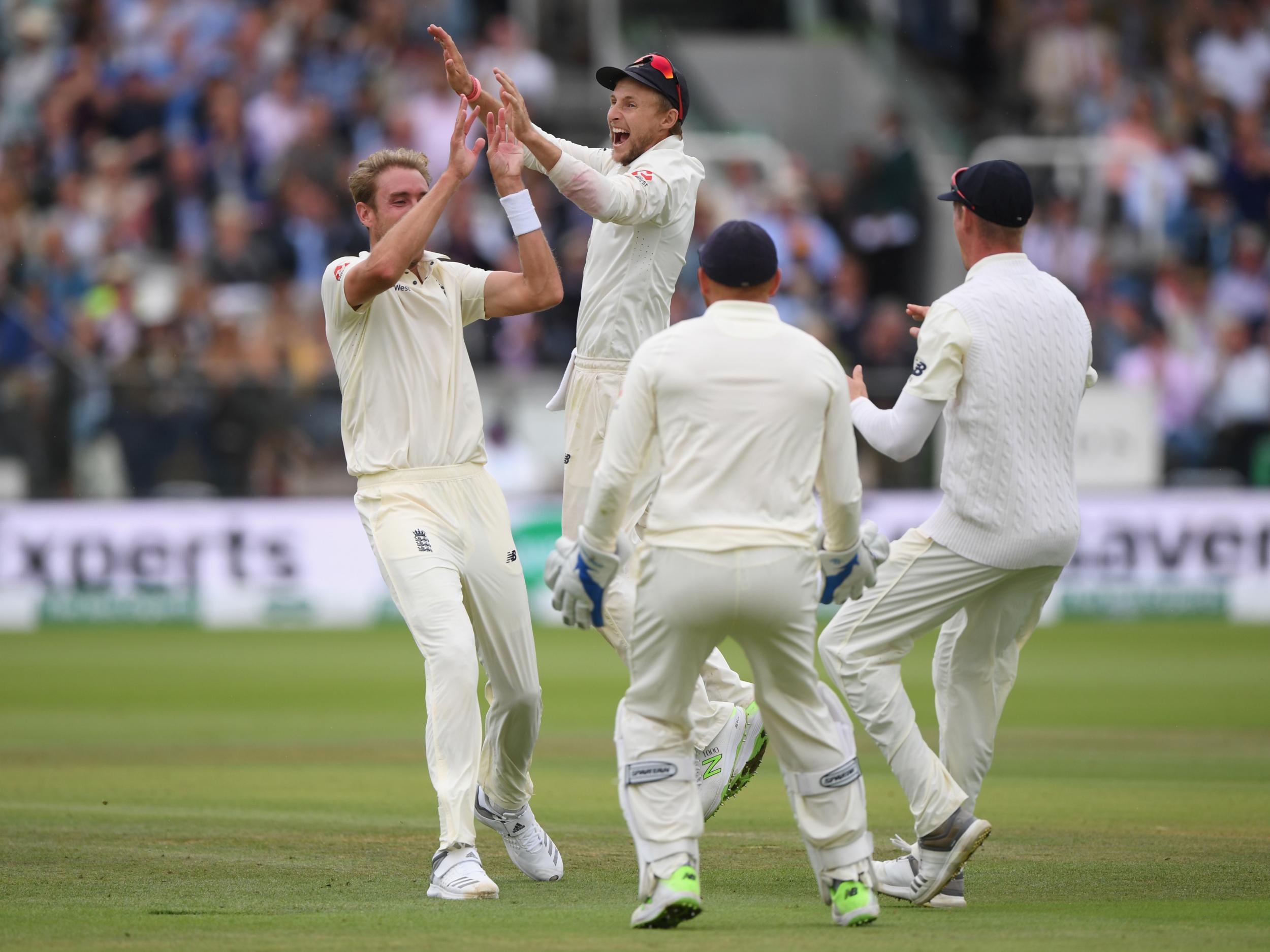 Stuart Broad celebrates one of his four wickets