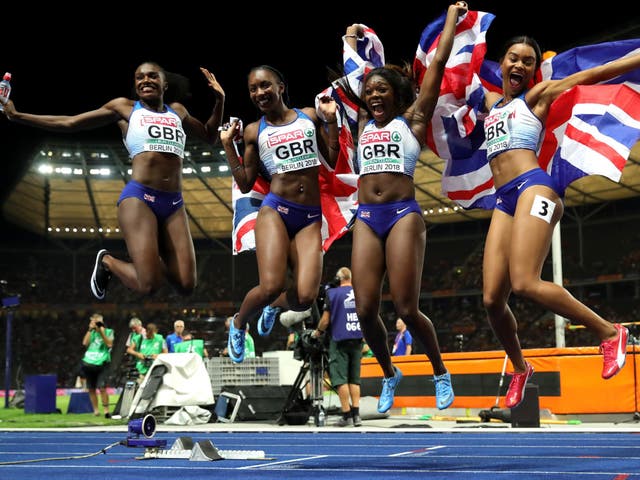 Great Britain's women celebrate their relay victory