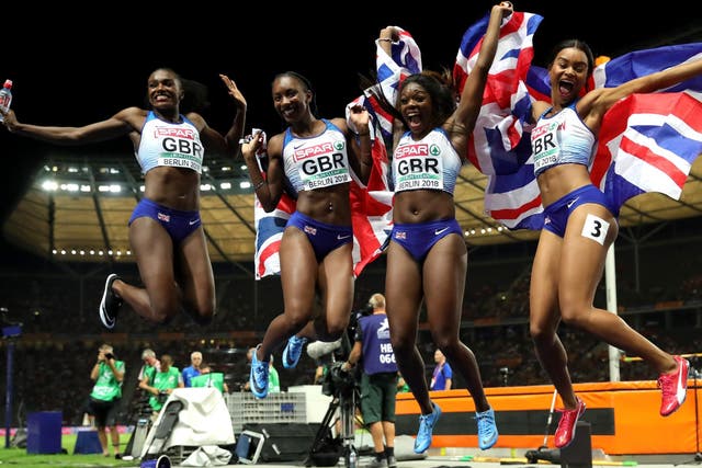 Great Britain's women celebrate their relay victory