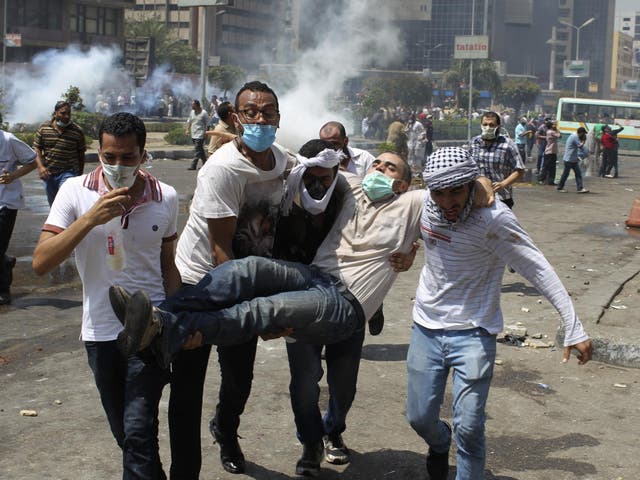 Supporters of deposed Egyptian president Mohamed Morsi protesting in 2013 near Cairo's Rabaa Adawiya square