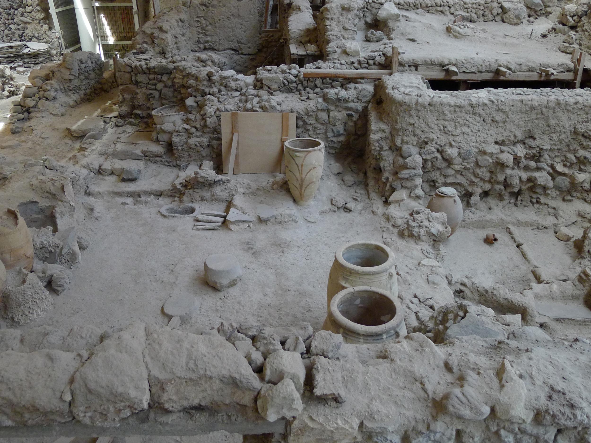 Akrotiri is the Minoan town on Santorini that was damaged by earthquakes building up to the eruption and then buried under ash once Thera erupted