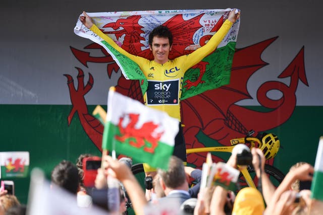 Geraint Thomas celebrates at his homecoming in Cardiff