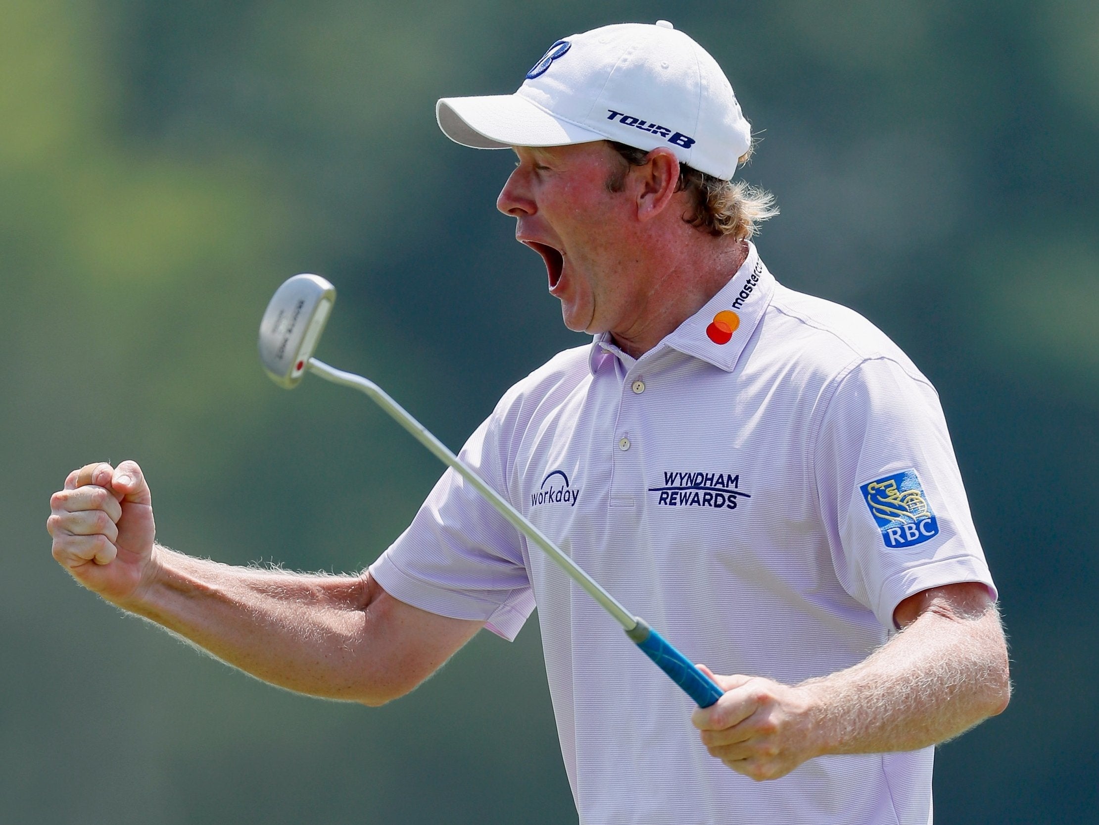 Brandt Snedeker celebrates after recording a round of 59 on Thursday at the Wyndham Championship