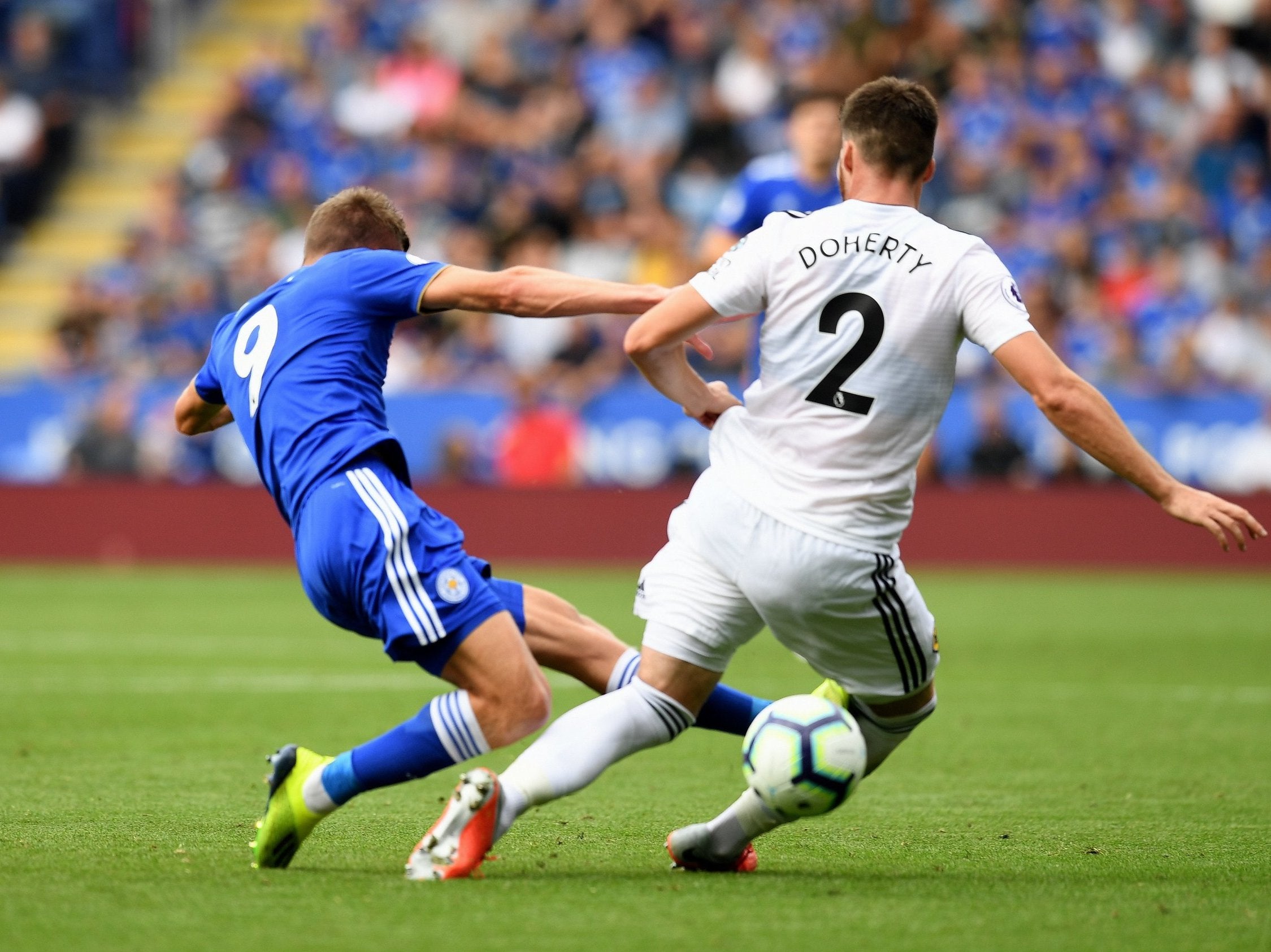 Jamie Vardy was sent-off for a bad foul on Matt Doherty