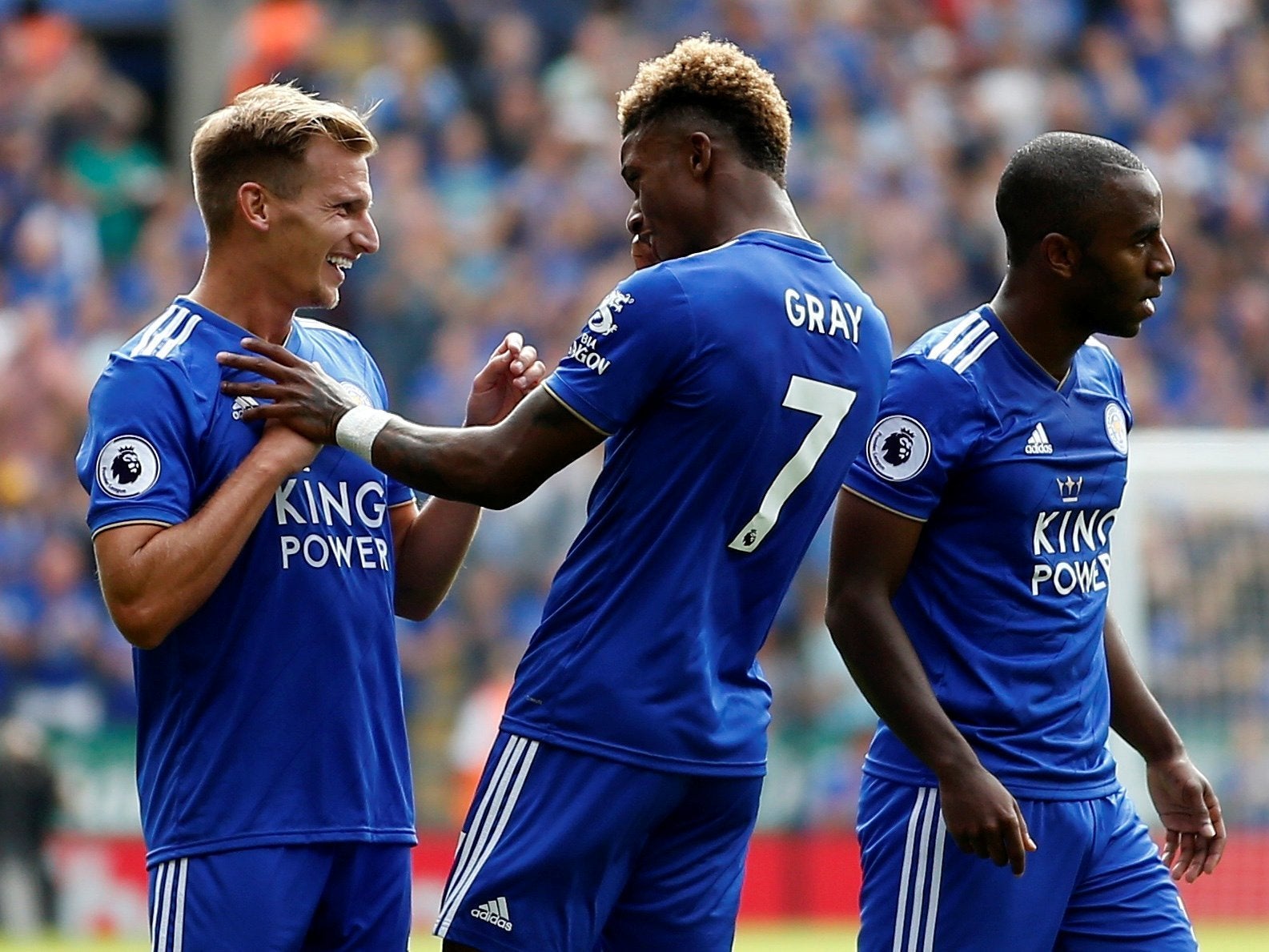 Marc Albrighton celebrates after putting Leicester in front