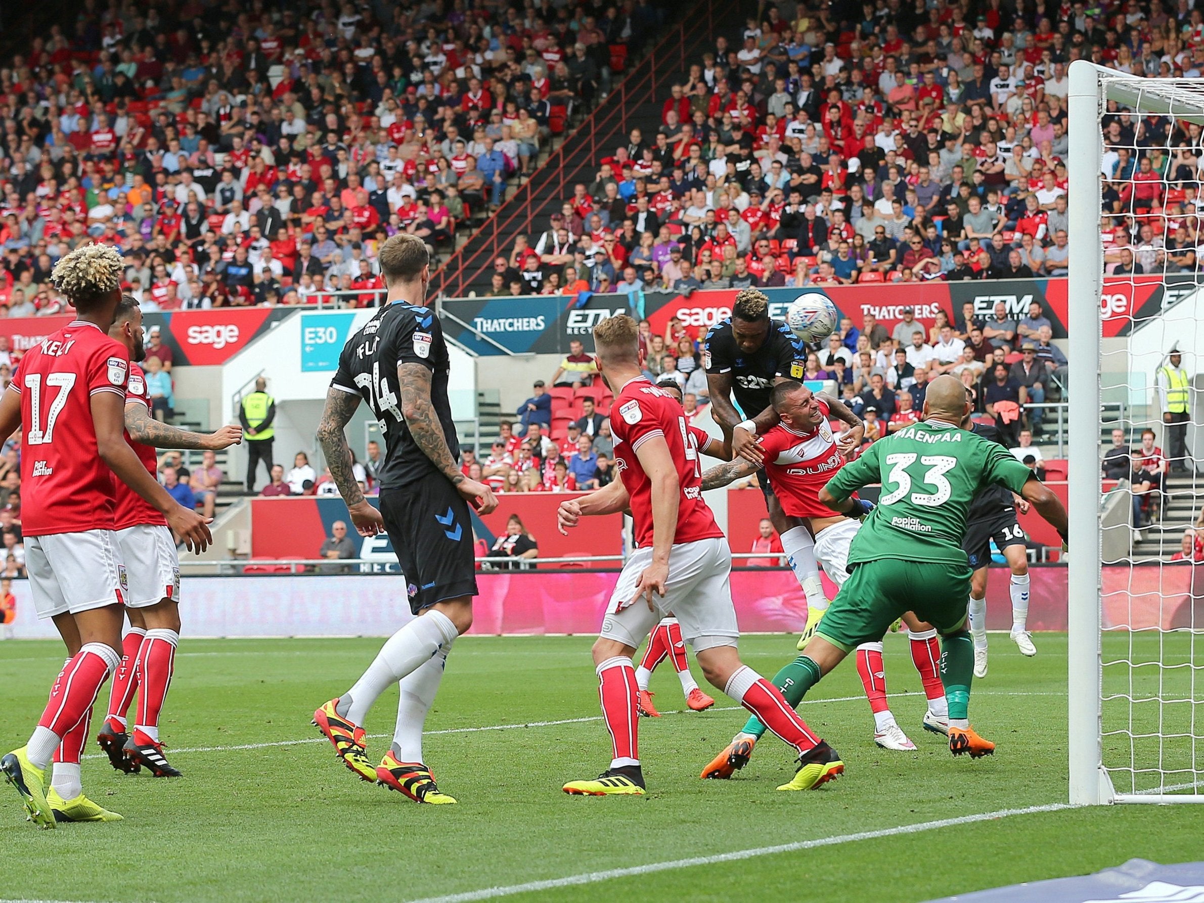 Britt Assombalonga heads in Middlesbrough's second goal against Bristol City