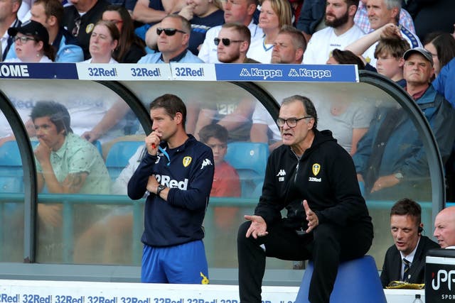 Marcelo Bielsa's Leeds United reacts during Leeds' victory over Rotherham