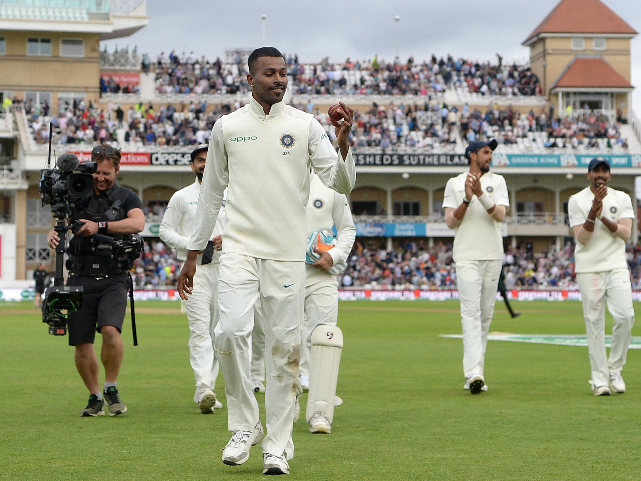 Hardik Pandya leaves with the ball after his five wicket haul