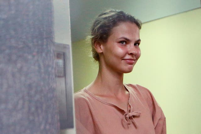 Anastasia Vashukevich, leaves the Pattaya Provincial Court in Chonburi province, Thailand, Monday, Aug. 20, 2018.