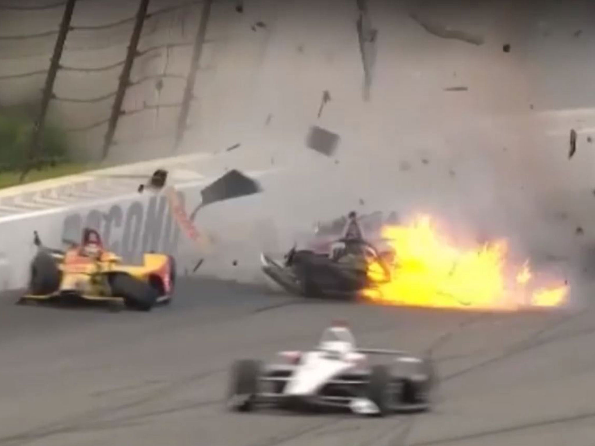 The Dallara-Honda momentarily caught fire as Wickens travelled back down the track
