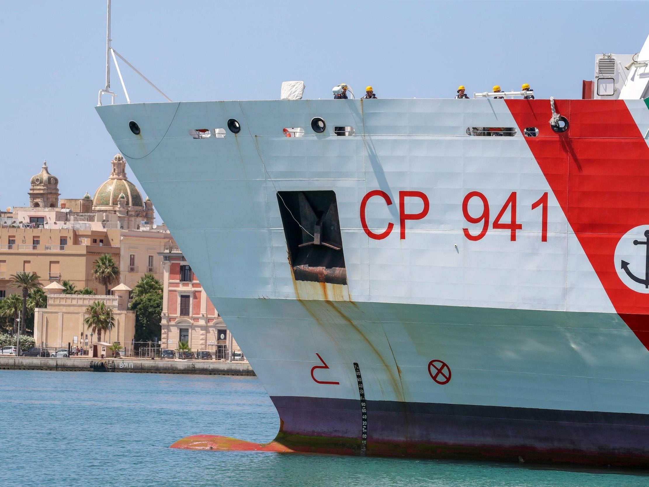 Italian Coast Guard ship Diciotti enters the port of Trapani, Sicily, Italy, on 12 July