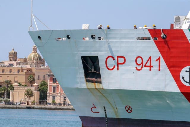 Italian Coast Guard ship Diciotti enters the port of Trapani, Sicily, Italy, on 12 July  