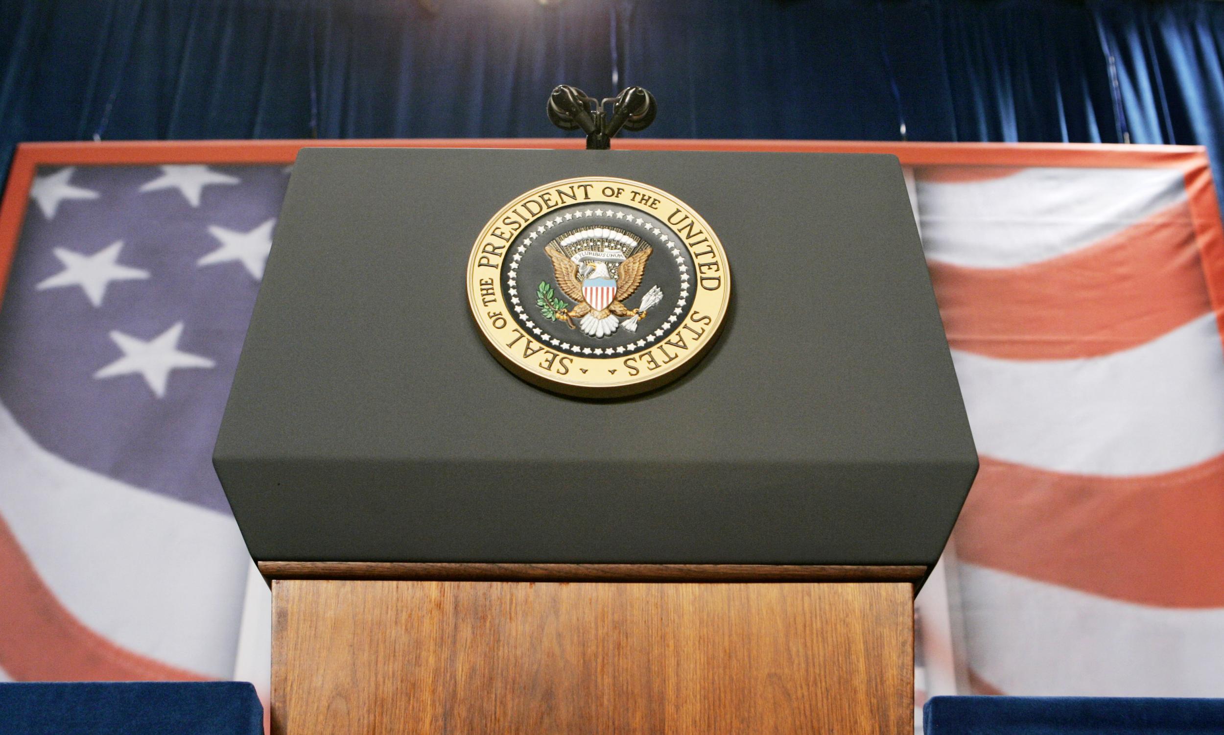 The Presidential Seal while US President George W. Bush speaks about his Administration's Global War on Terror and national security while at the Emerald at Queensridge in Las Vegas, Nevada