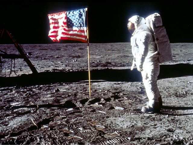 Buzz Aldrin poses next to the US flag on the moon during the Apollo 11 mission in 1969