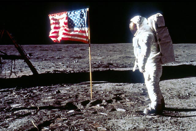 Buzz Aldrin poses next to the US flag on the moon during the Apollo 11 mission in 1969