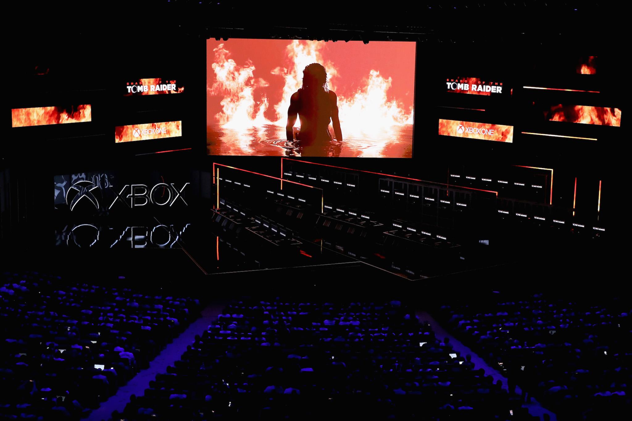 'Shadow of the Tomb Raider' by Eidos Studios - Montreal is revealed during the Microsoft xBox E3 briefing at the Microsoft Theater on June 10, 2018 in Los Angeles, California