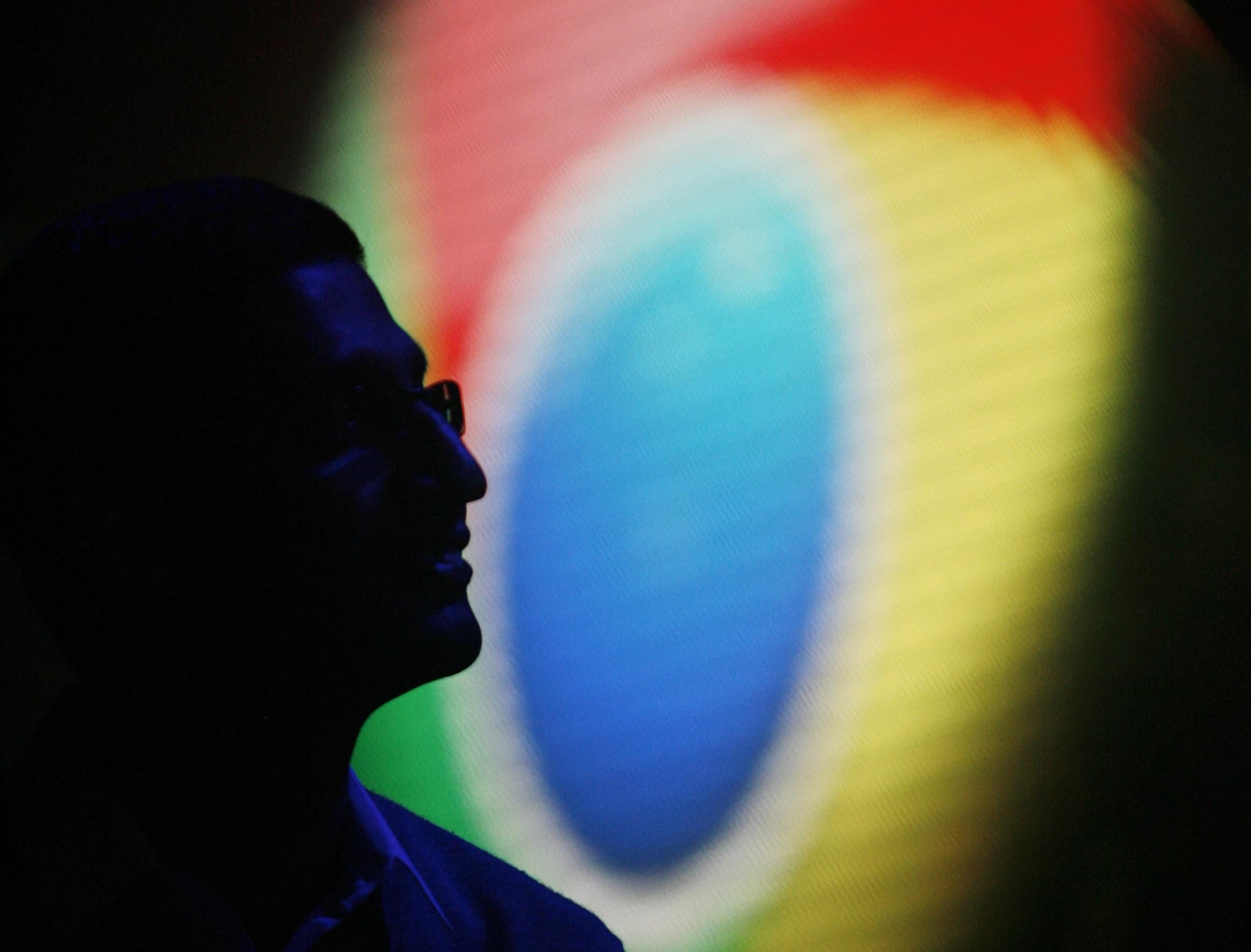 A Chrome logo seen behind Google CEO Sundar Pichai in San Francisco on 28 June, 2012