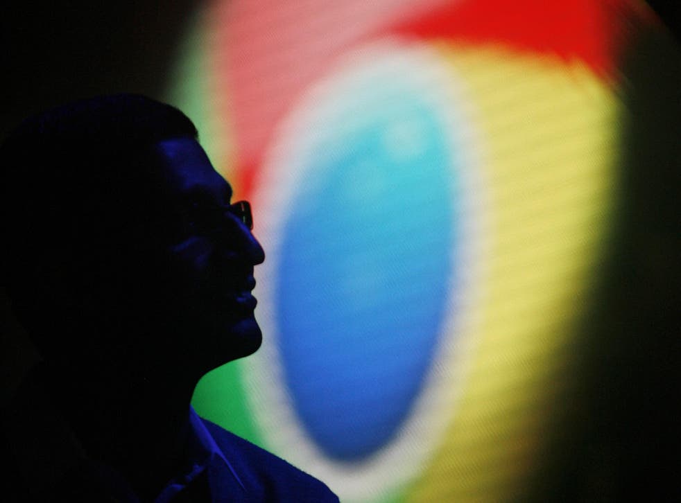 <p>A Chrome logo seen behind Google CEO Sundar Pichai in San Francisco on 28 June, 2012</p>