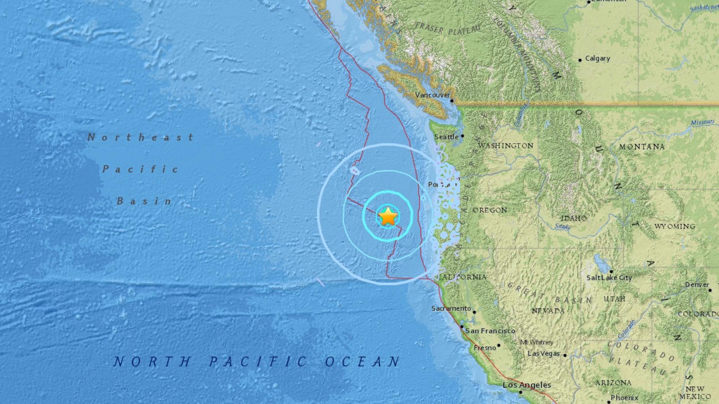 A still from an interactive map provided by The United States Geological Survey shows where the 6.2 magnitude earthquake occurred off the coast of Oregon 22 August 2018